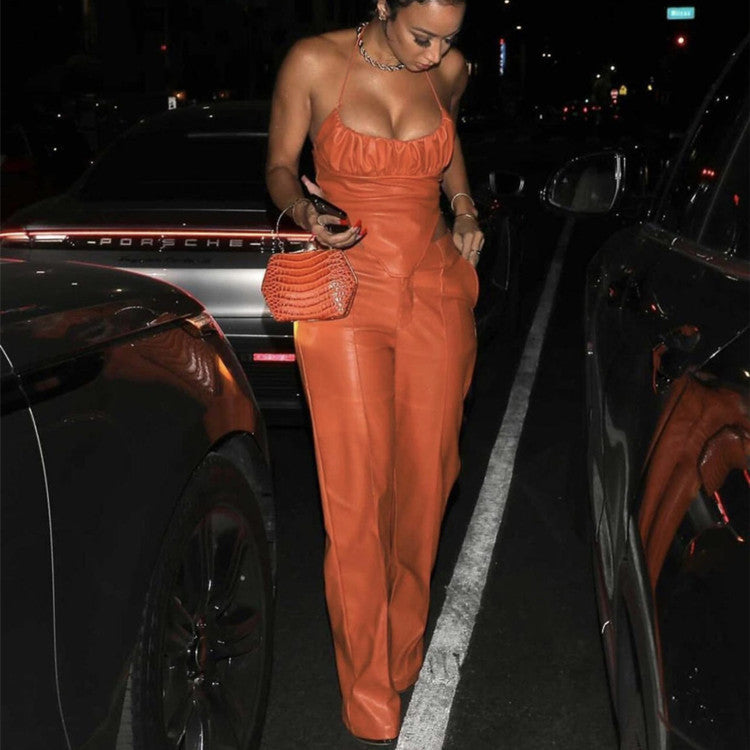 Women's Sexy Skinny PU Leather Pants Suit With Waist