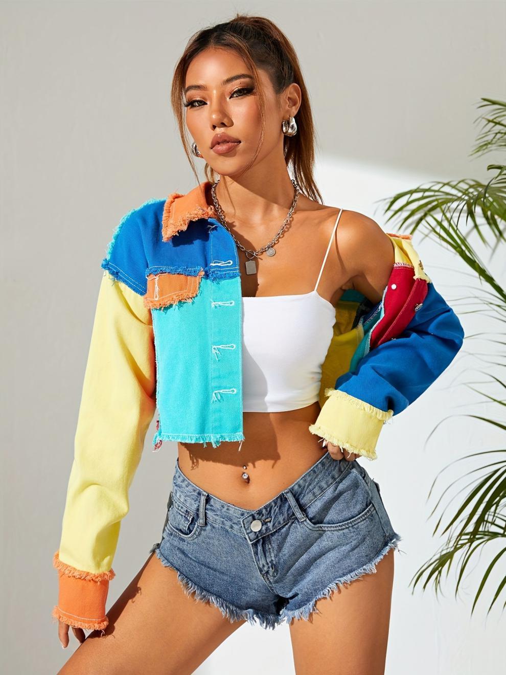 Personalized American-style Colorful Street Denim Short Top For Women