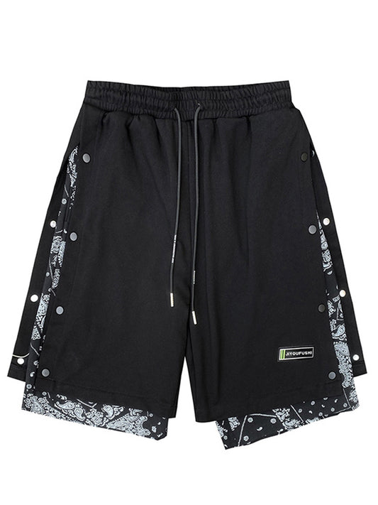 Hong Kong Style Breasted Shorts Men''s Hip Hop Cashew Flower Stitching Loose Fashion