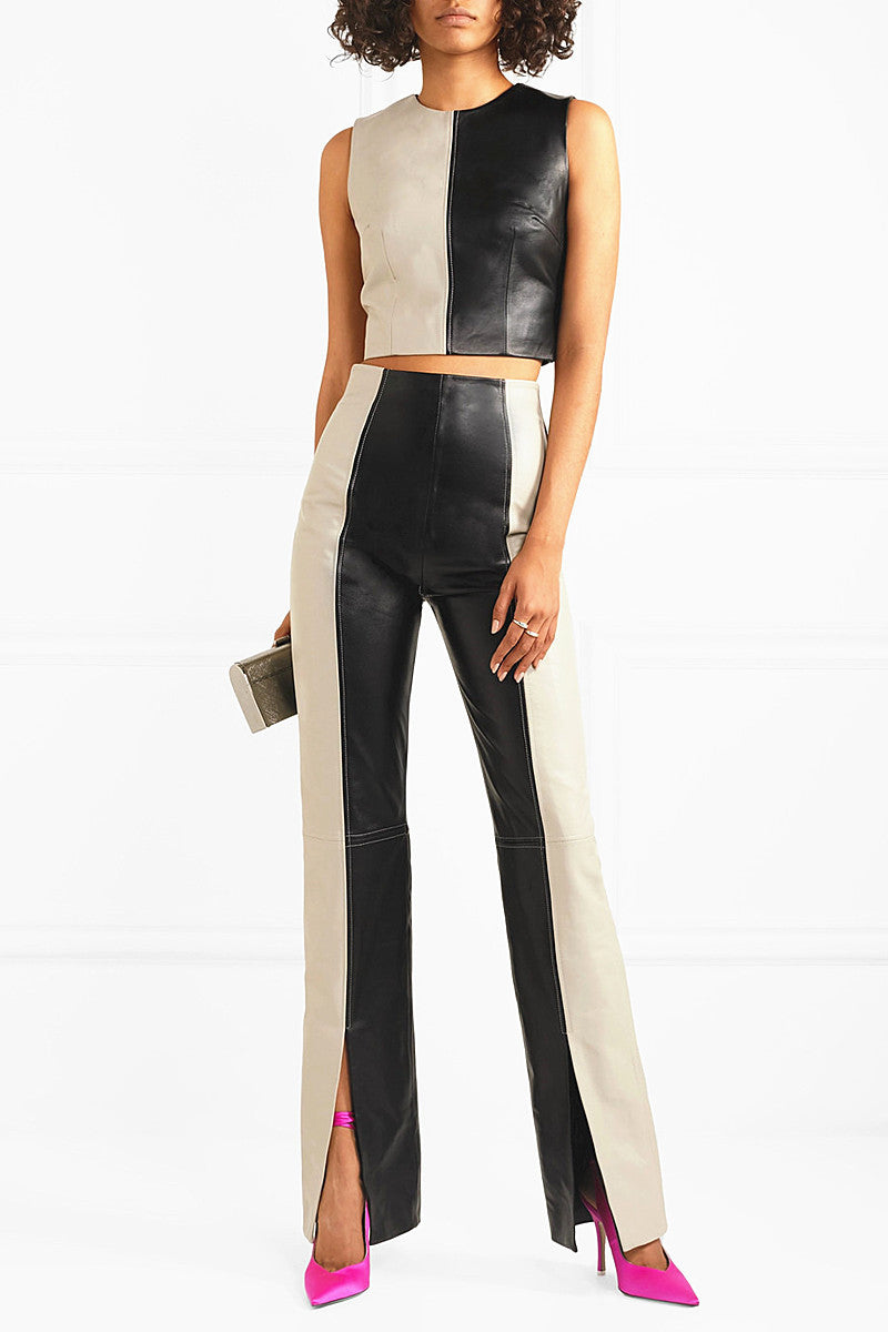 High Waist Slim Two Tone Patchwork PU Leather Pants