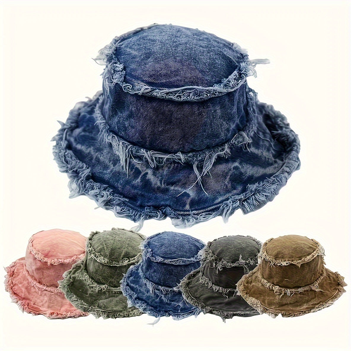 1pc Retro Bucket Hat, Frayed Denim Bucket Hats, Wide Brim Outdoor Sun Hats, Summer Beach Cap