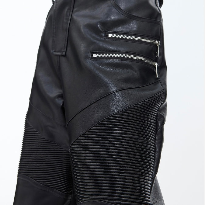 Deconstructing Three-dimensional Stitching Punk Leather Pants Metal Zipper Embellished Bootcut Casual Trousers