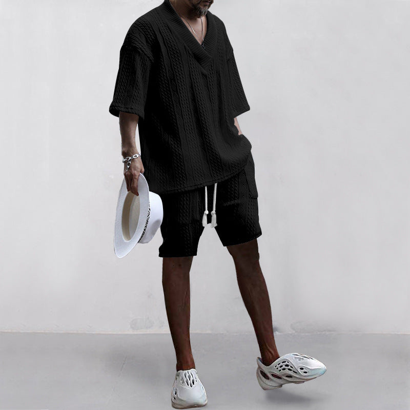 Men's Casual Loose Jacquard Knitwear Shorts Suit