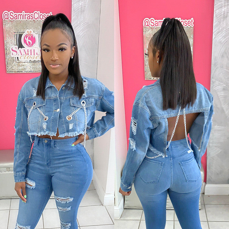 Short Frayed Denim Jacket Female Chain Fashion Denim Jacket