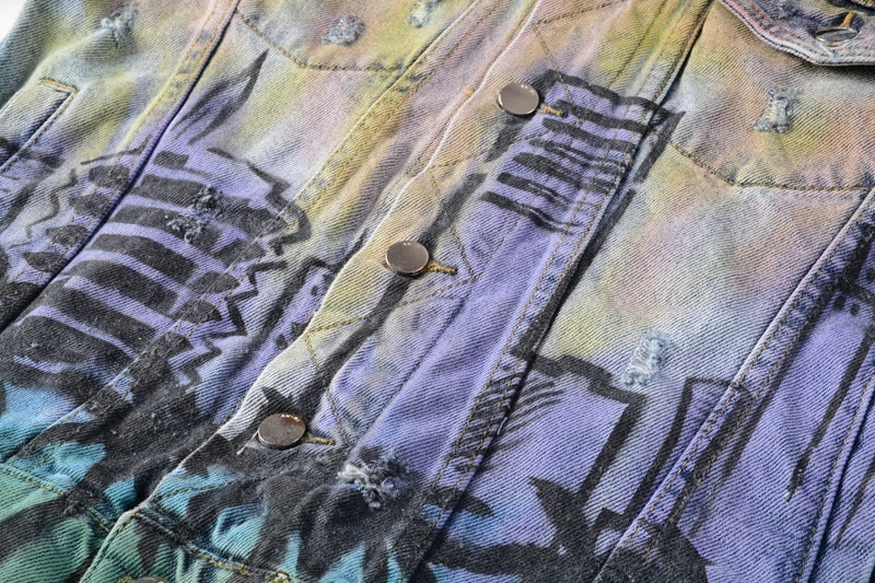 Graffiti Digital Print Slim Jacket Men Trendy Punk Denim Jacket