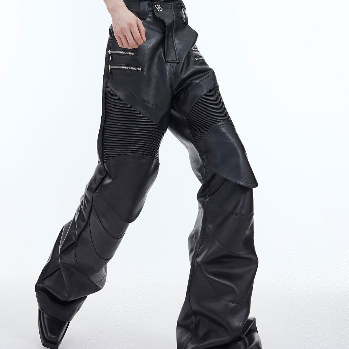 Deconstructing Three-dimensional Stitching Punk Leather Pants Metal Zipper Embellished Bootcut Casual Trousers