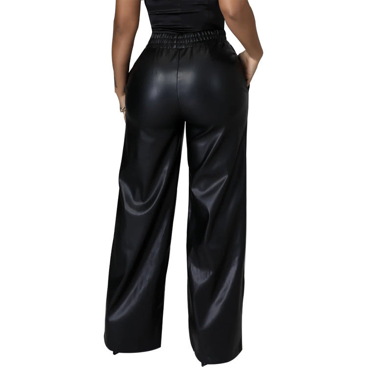 Women's Fashion Solid Color Loose Wide Leg Pocket PU Leather Pants