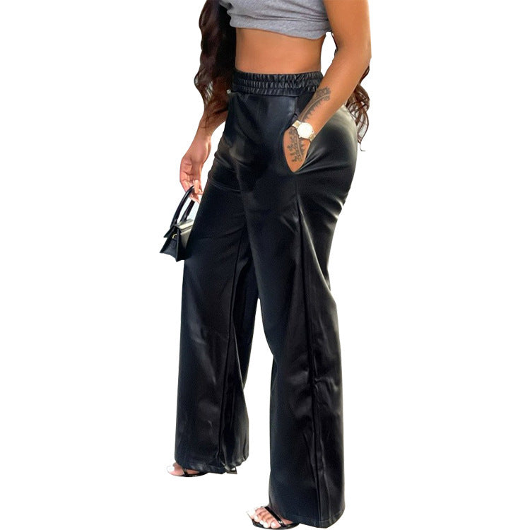 Women's Fashion Solid Color Loose Wide Leg Pocket PU Leather Pants