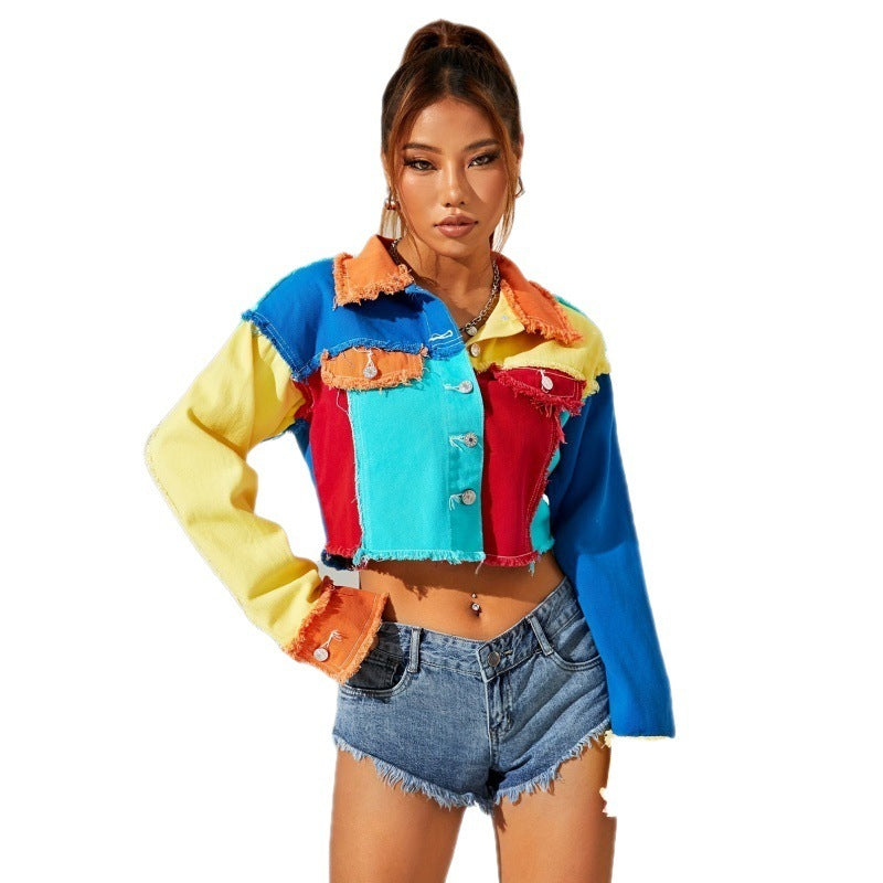 Personalized American-style Colorful Street Denim Short Top For Women
