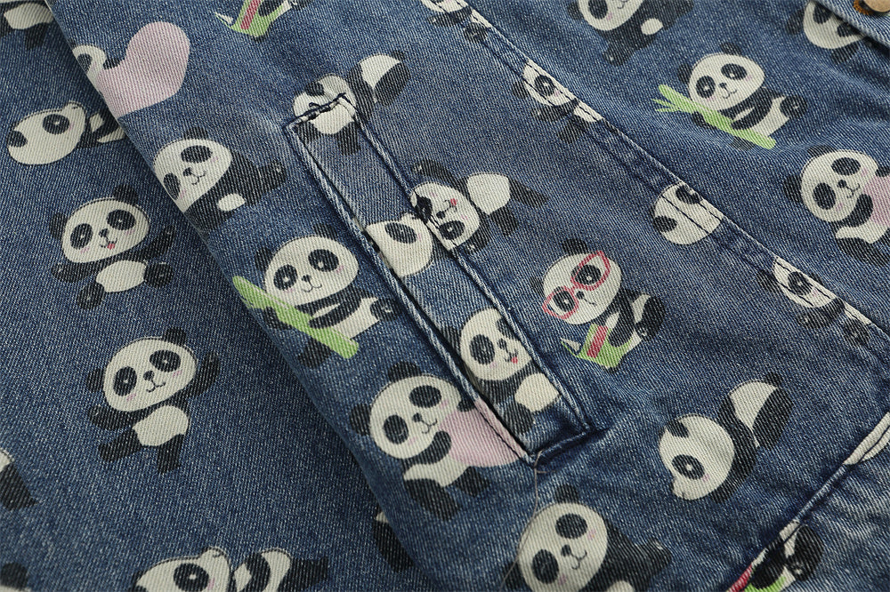 Full Printed Cartoon Lesser Panda Printed Denim Shirt Coat Men
