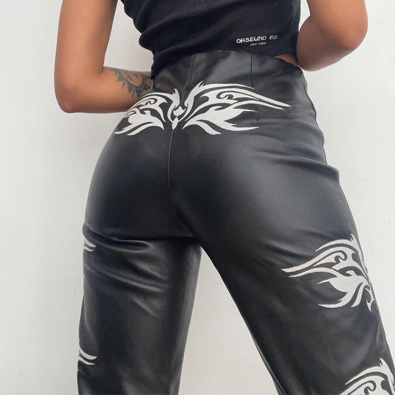 Black Printed High-waisted Abdomen-hip Wide-leg Leather Pants