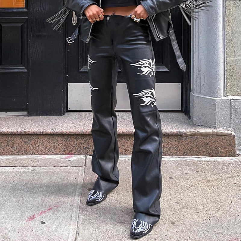 Black Printed High-waisted Abdomen-hip Wide-leg Leather Pants