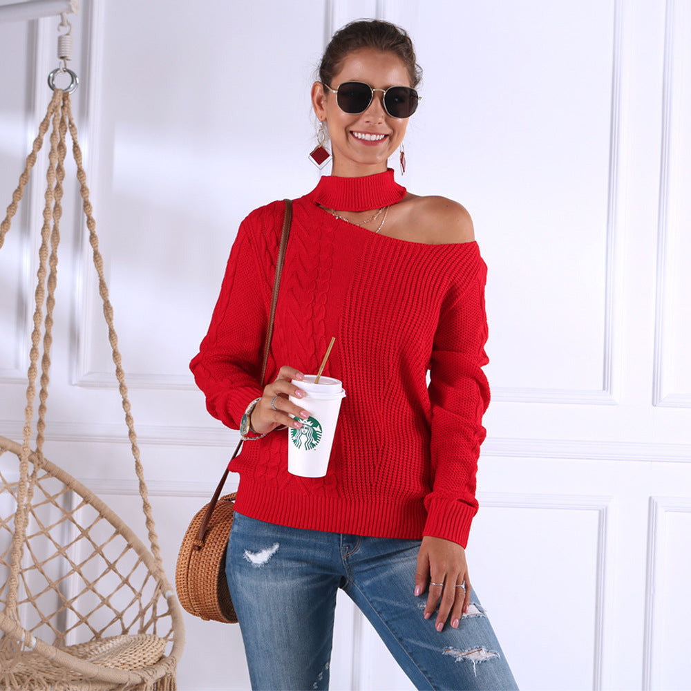 Off-the-shoulder irregular long-sleeved sweater