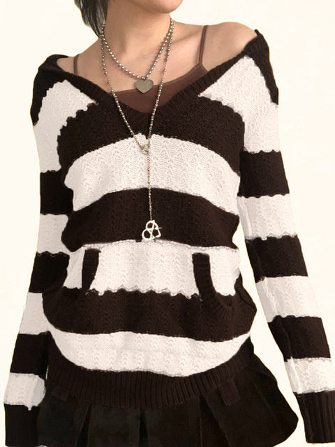 Rapcopter Prepply Kawaii Sweaters Striped Hooded Jumpers Vin