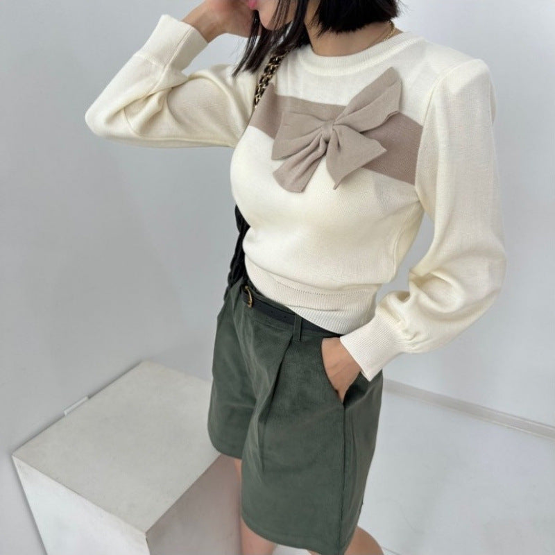 South Korea Contrast Color Sweet Big Bow Knitted Sweater