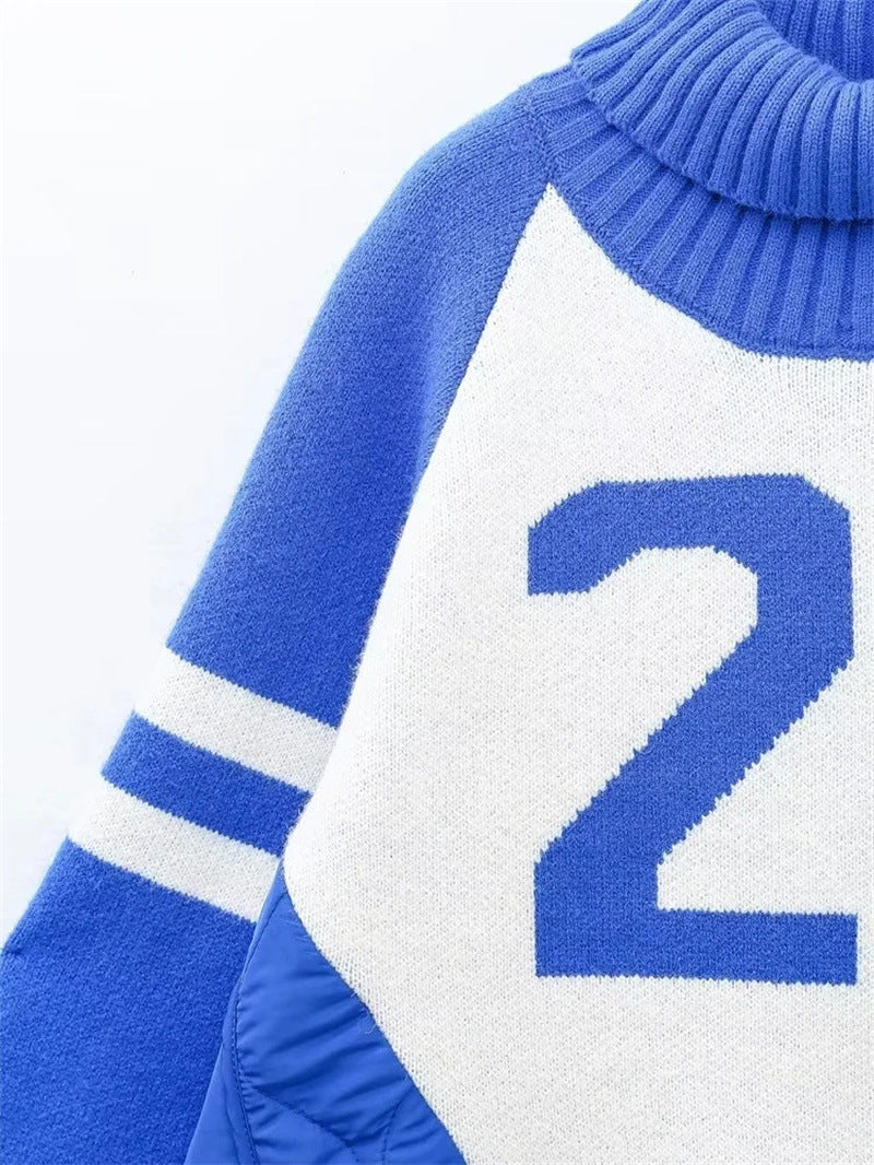 Women's Quilted Baseball Uniform Turtleneck Sweater Loose Idle Style Thermal
