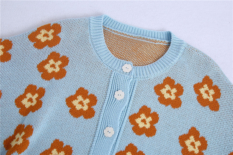 Women's New Flower Pattern Jacquard Knit Sweater Cardigan Jacket