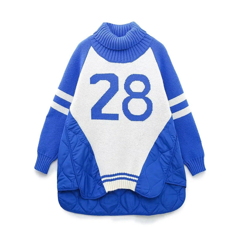 Women's Quilted Baseball Uniform Turtleneck Sweater Loose Idle Style Thermal