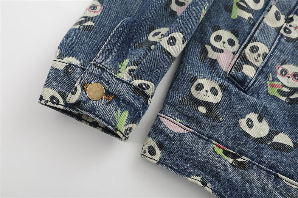 Full Printed Cartoon Lesser Panda Printed Denim Shirt Coat Men