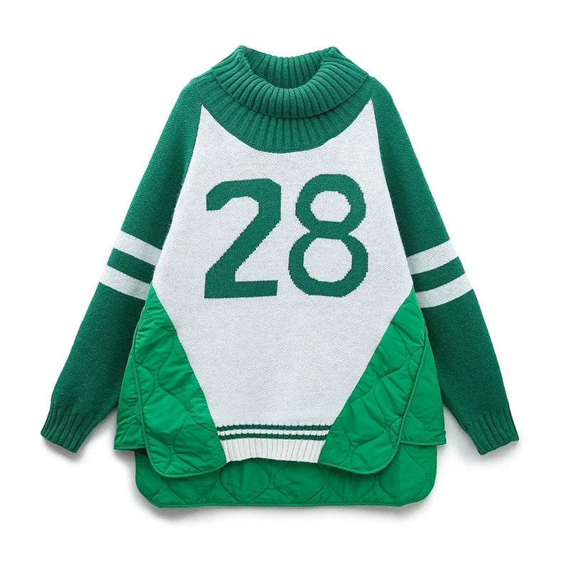 Women's Quilted Baseball Uniform Turtleneck Sweater Loose Idle Style Thermal