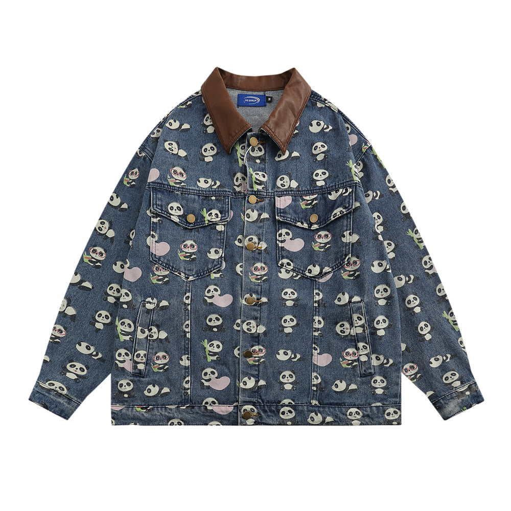 Full Printed Cartoon Lesser Panda Printed Denim Shirt Coat Men