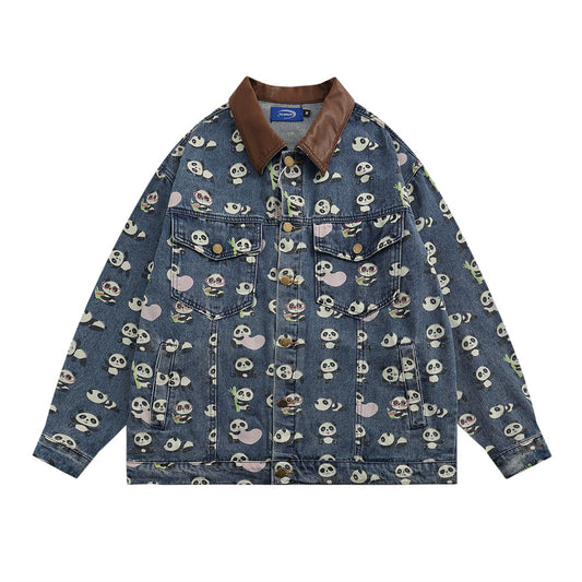 Full Printed Cartoon Lesser Panda Printed Denim Shirt Coat Men