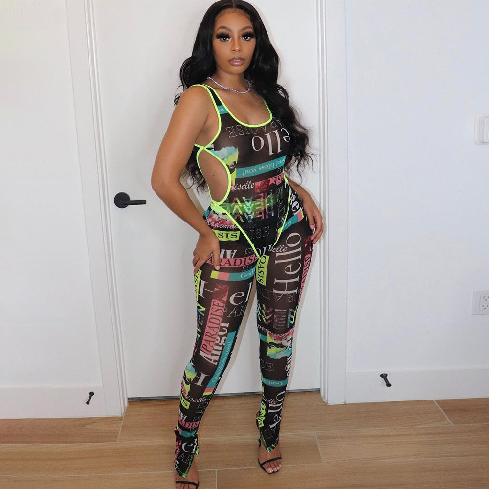 Women's Bodysuit Mesh Print Sheer Two-Piece Pant Set