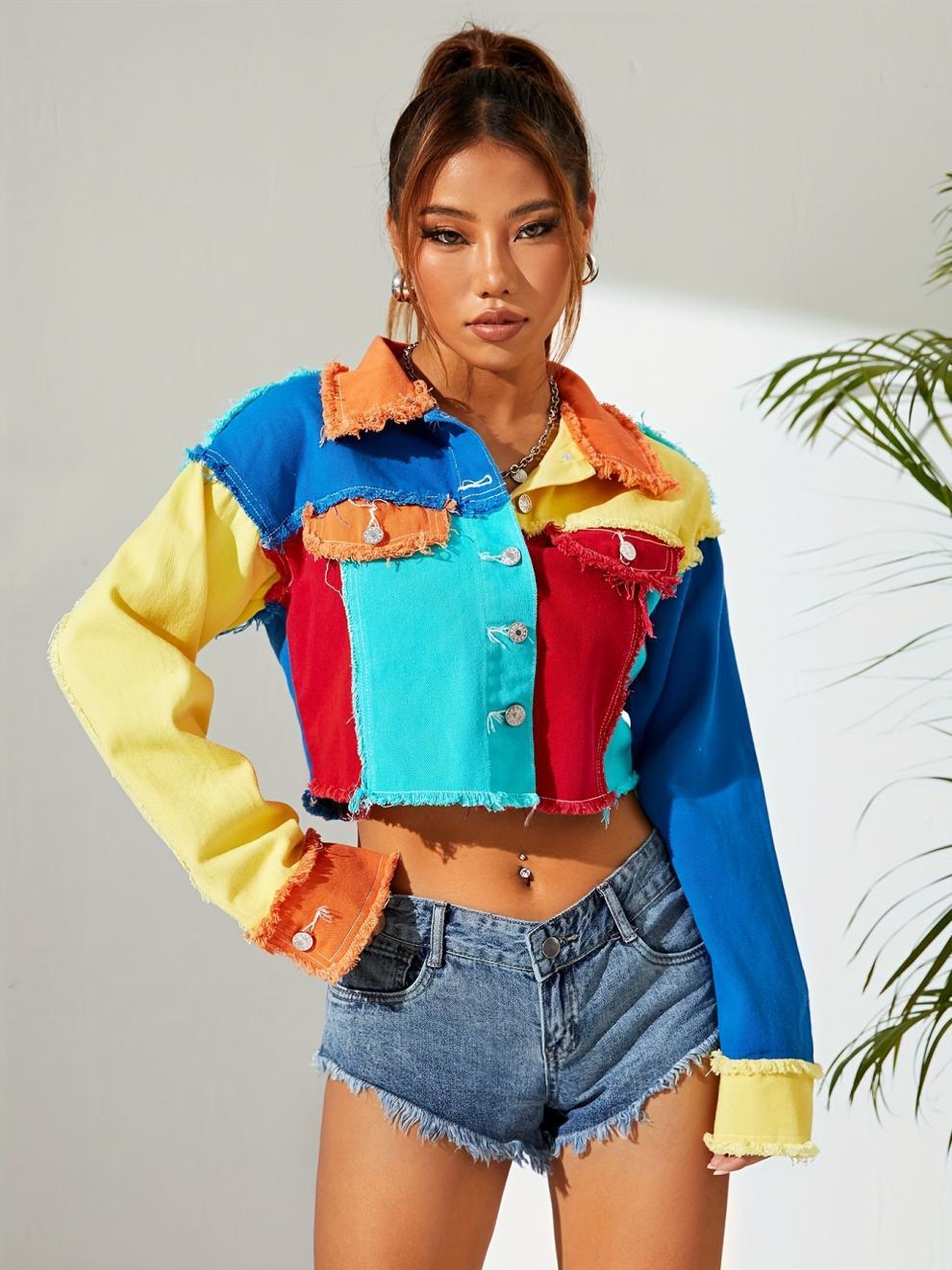 Personalized American-style Colorful Street Denim Short Top For Women