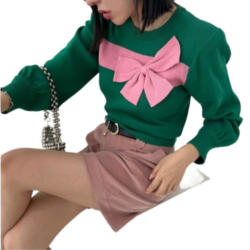South Korea Contrast Color Sweet Big Bow Knitted Sweater