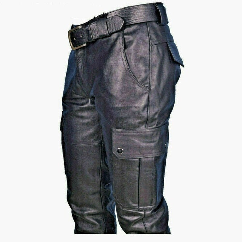 Pure Color Men's PU Strap Casual Leather Pants