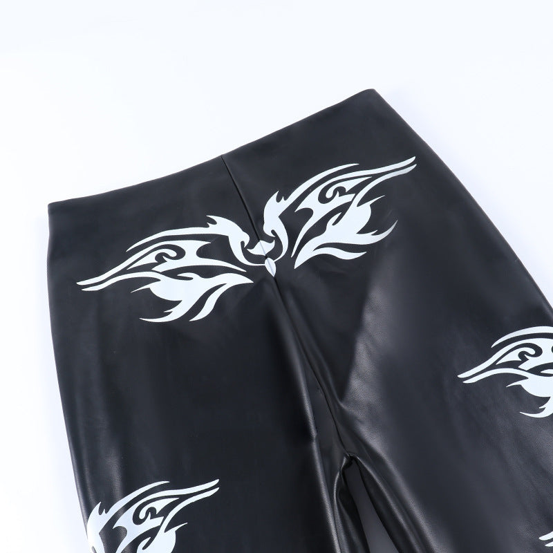 Black Printed High-waisted Abdomen-hip Wide-leg Leather Pants