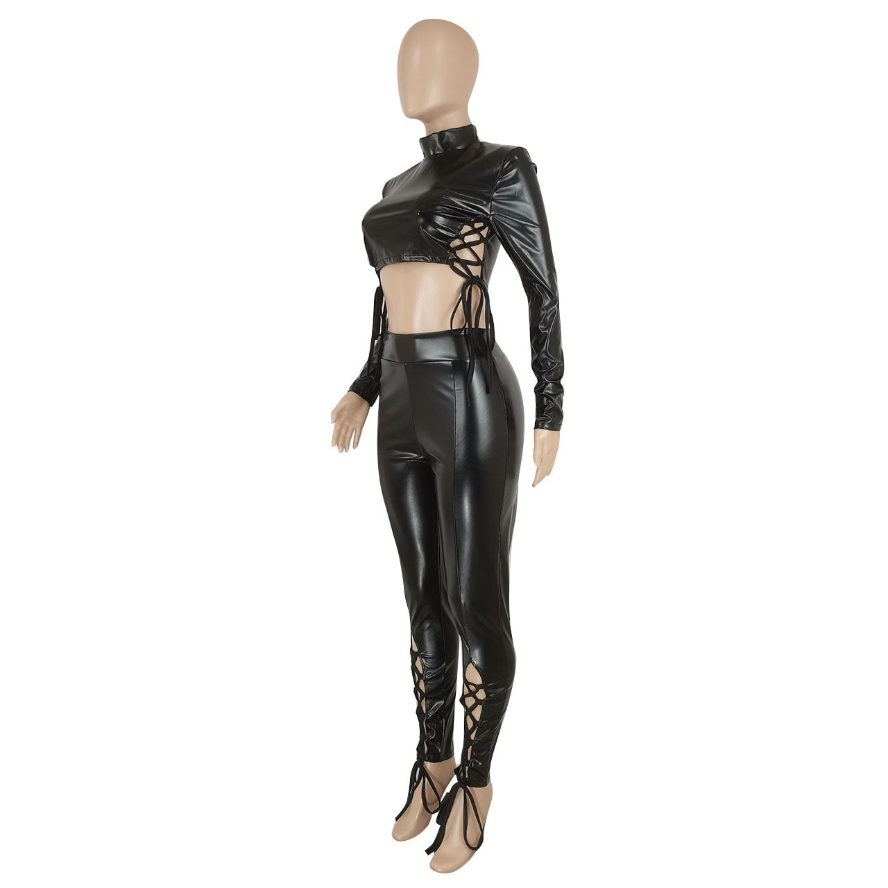 Sexy Slim-fit Lace Up Short Top Leather Pants Suit