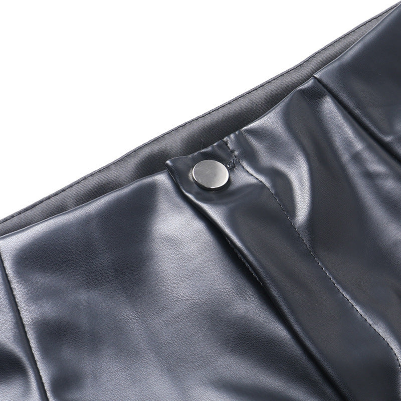 Black Printed High-waisted Abdomen-hip Wide-leg Leather Pants