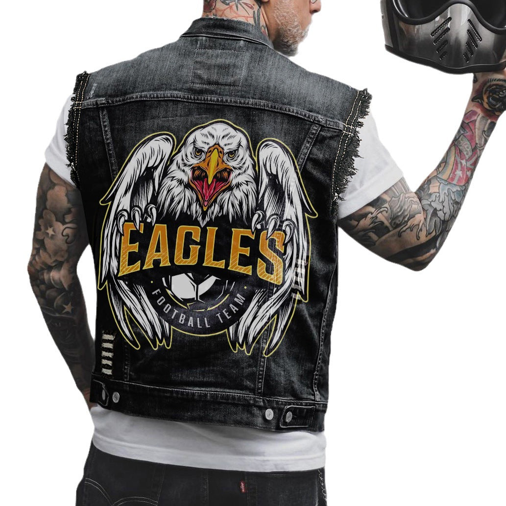 Eagle Print Street Denim Vest Coat