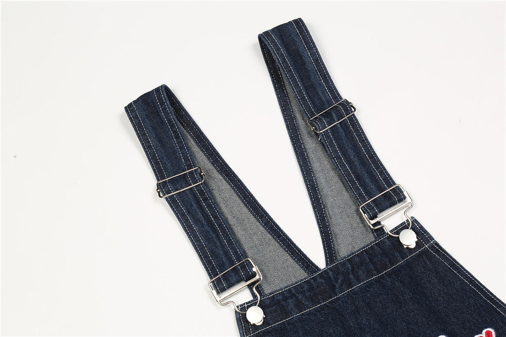 Letter Embroidery Denim Suspender Pants Men