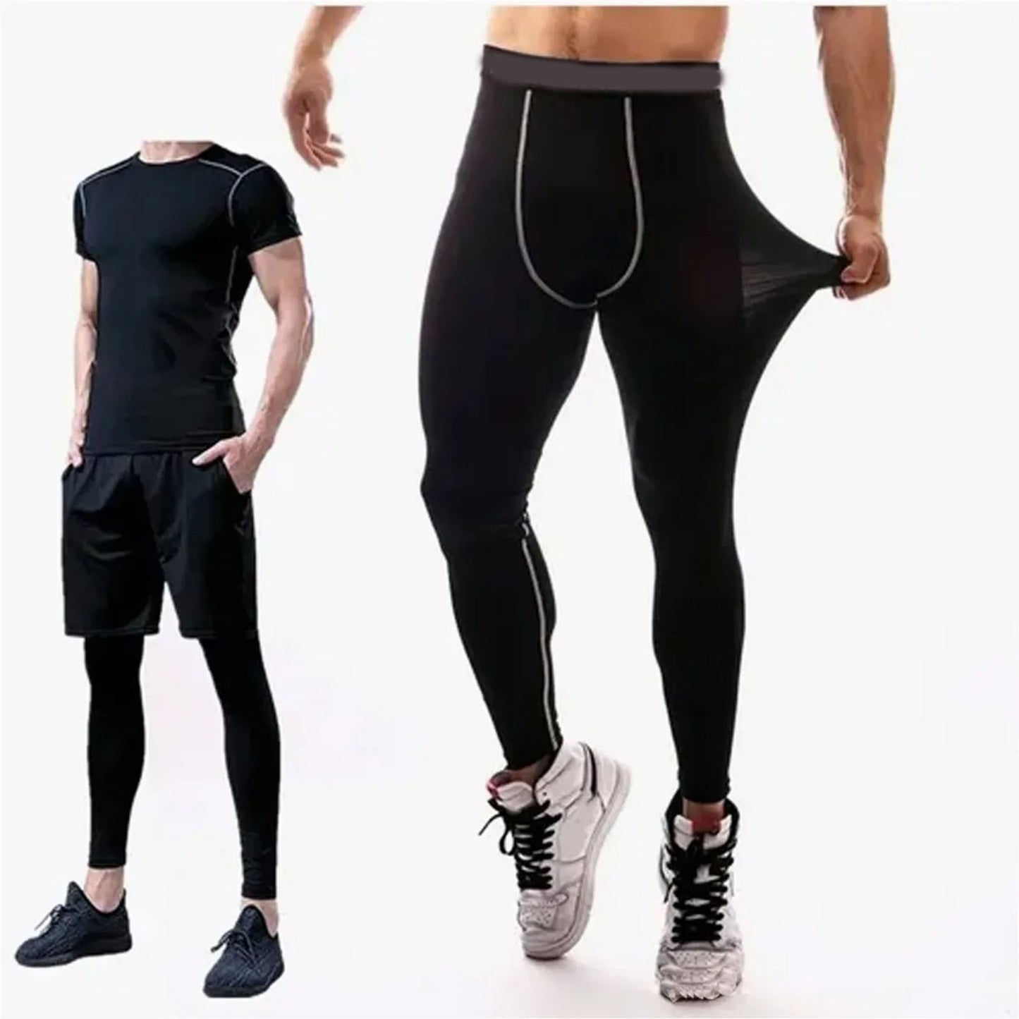 Men's Compression Pants Elastic Men Workout Leggings Fast Drying Athletic Workout Running Tights Grey Line XXL