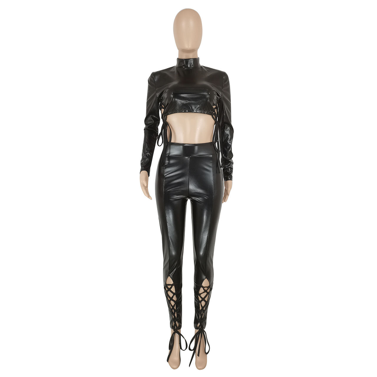 Sexy Slim-fit Lace Up Short Top Leather Pants Suit