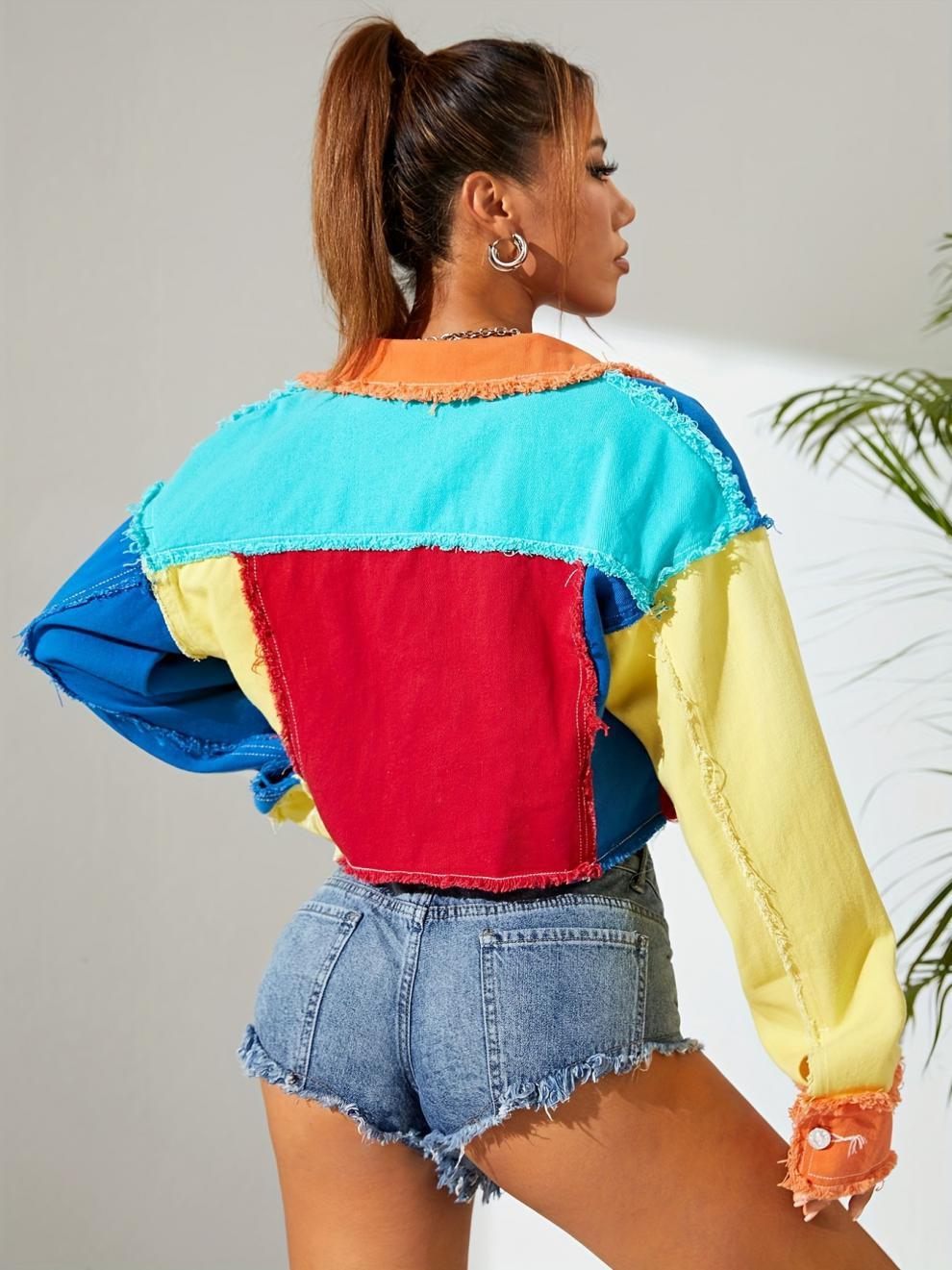 Personalized American-style Colorful Street Denim Short Top For Women