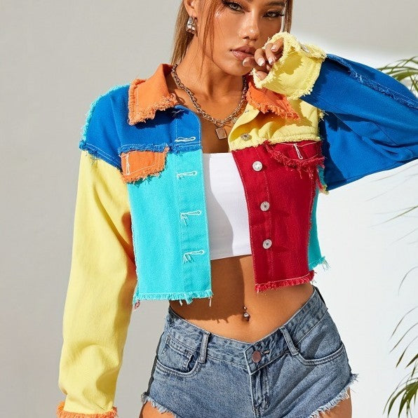 Personalized American-style Colorful Street Denim Short Top For Women