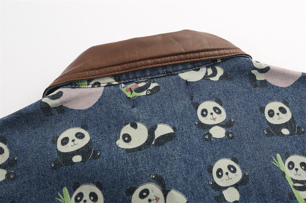 Full Printed Cartoon Lesser Panda Printed Denim Shirt Coat Men