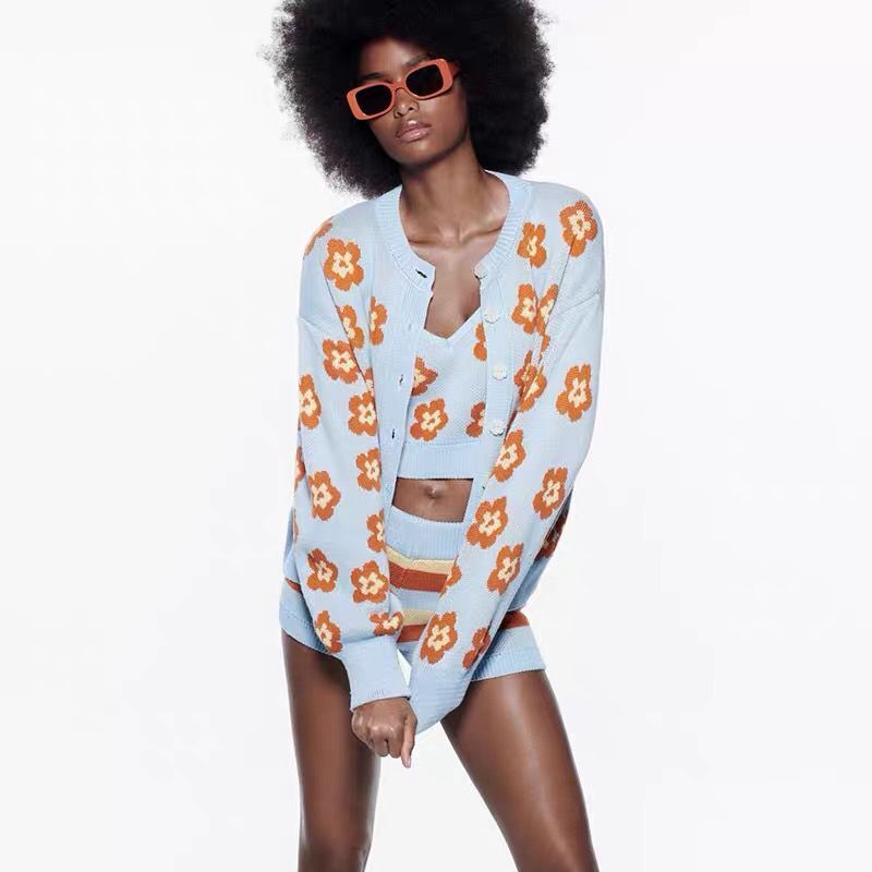 Women's New Flower Pattern Jacquard Knit Sweater Cardigan Jacket
