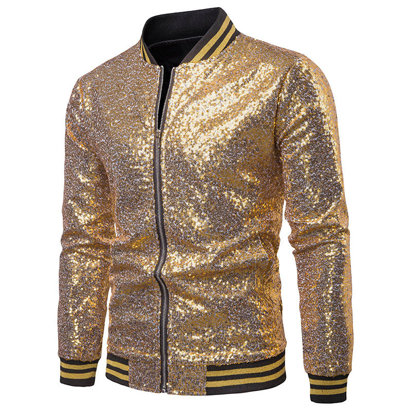 Mens Hoodies England Stand Collar Shiny Hoodie Men Zip Up Hip-Hop Male Baseball Hoody Men Stage Hooded Jacket B12