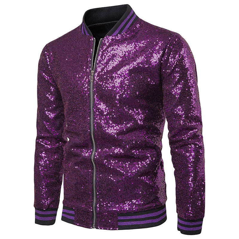 Mens Hoodies England Stand Collar Shiny Hoodie Men Zip Up Hip-Hop Male Baseball Hoody Men Stage Hooded Jacket B12
