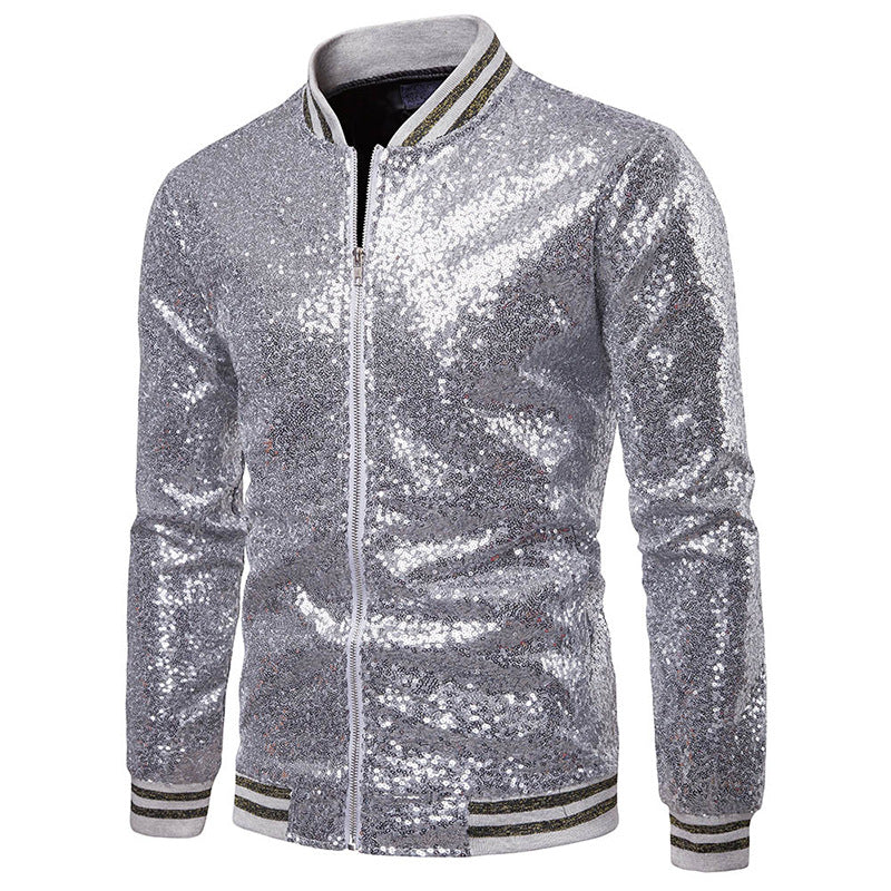 Mens Hoodies England Stand Collar Shiny Hoodie Men Zip Up Hip-Hop Male Baseball Hoody Men Stage Hooded Jacket B12