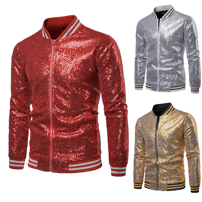 Mens Hoodies England Stand Collar Shiny Hoodie Men Zip Up Hip-Hop Male Baseball Hoody Men Stage Hooded Jacket B12