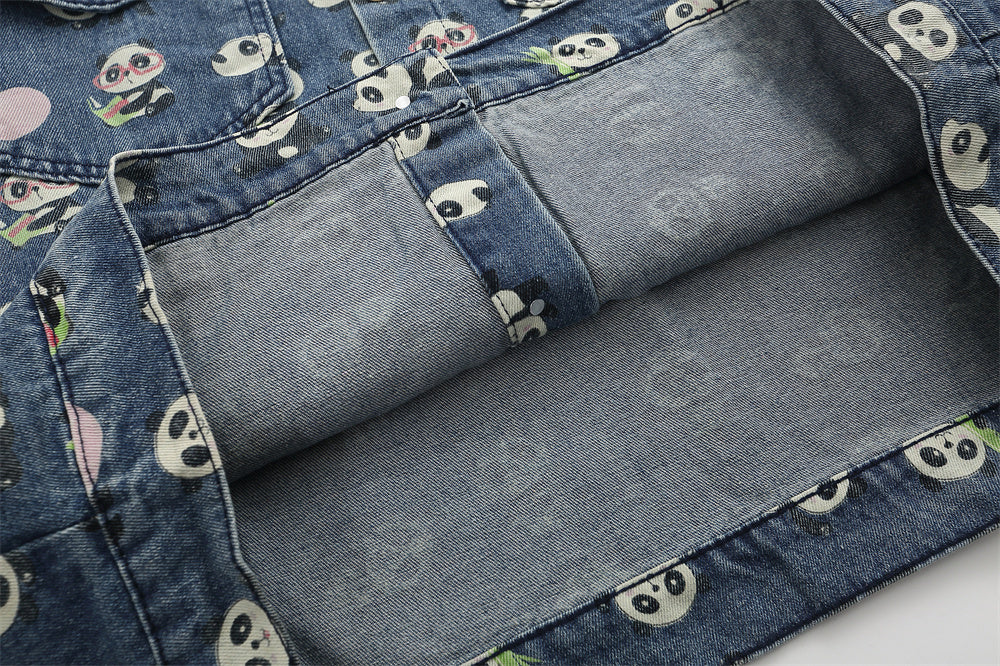 Full Printed Cartoon Lesser Panda Printed Denim Shirt Coat Men