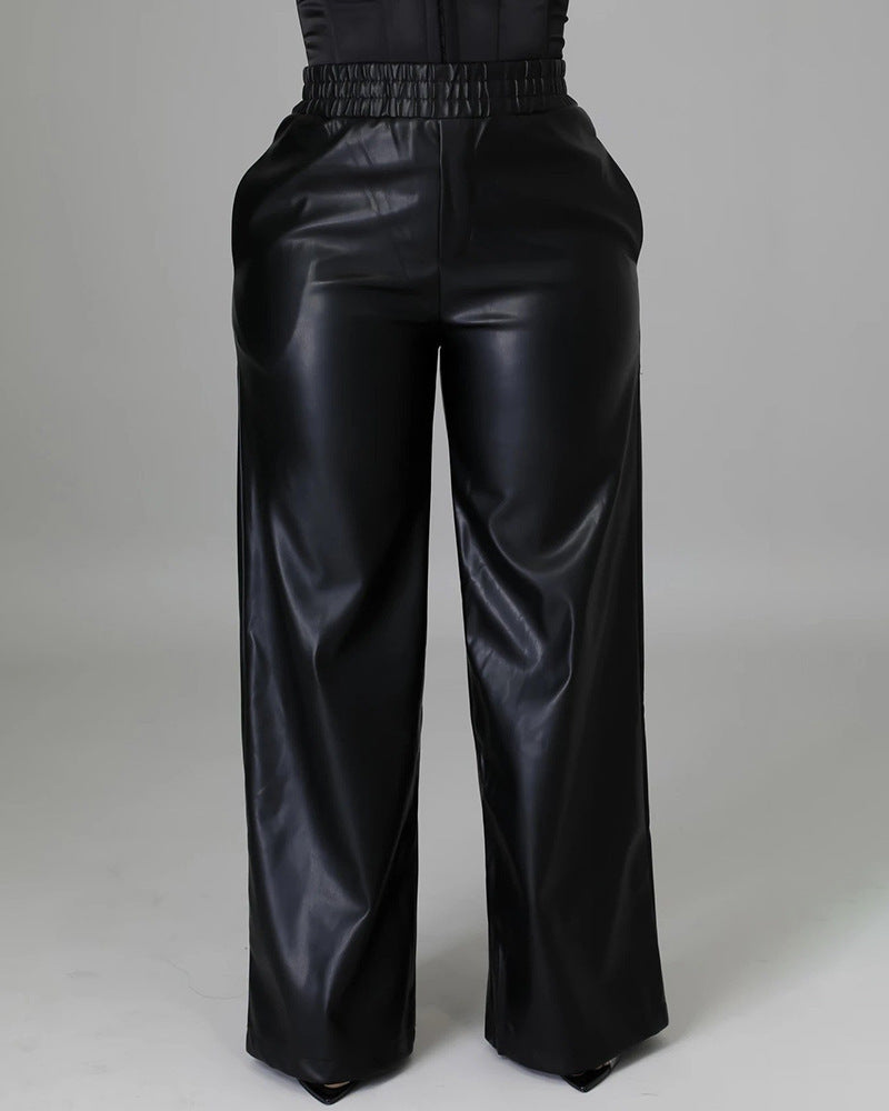 Women's Fashion Solid Color Loose Wide Leg Pocket PU Leather Pants
