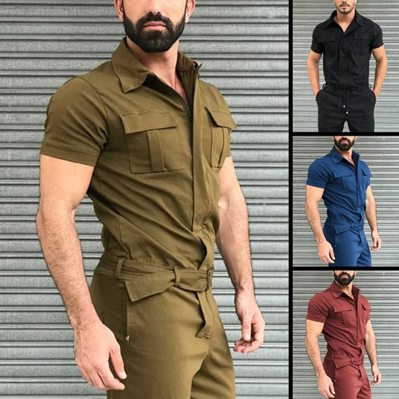New Men Pants Casual One-piece Suit Spring Summer Men Fashion Jumpsuits Short Sleeve Belt Men Clothing Solid Jumpsuits