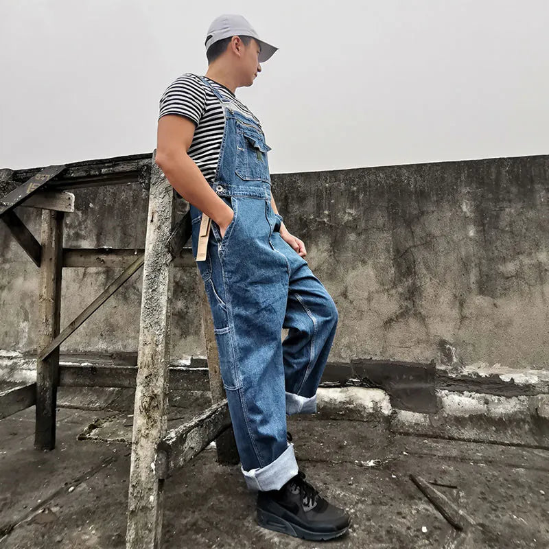 Jeans Men Men's Denim Overalls Overalls Jumpsuit Large size strap Straight pants Blue jeans More sizes 30-44 46