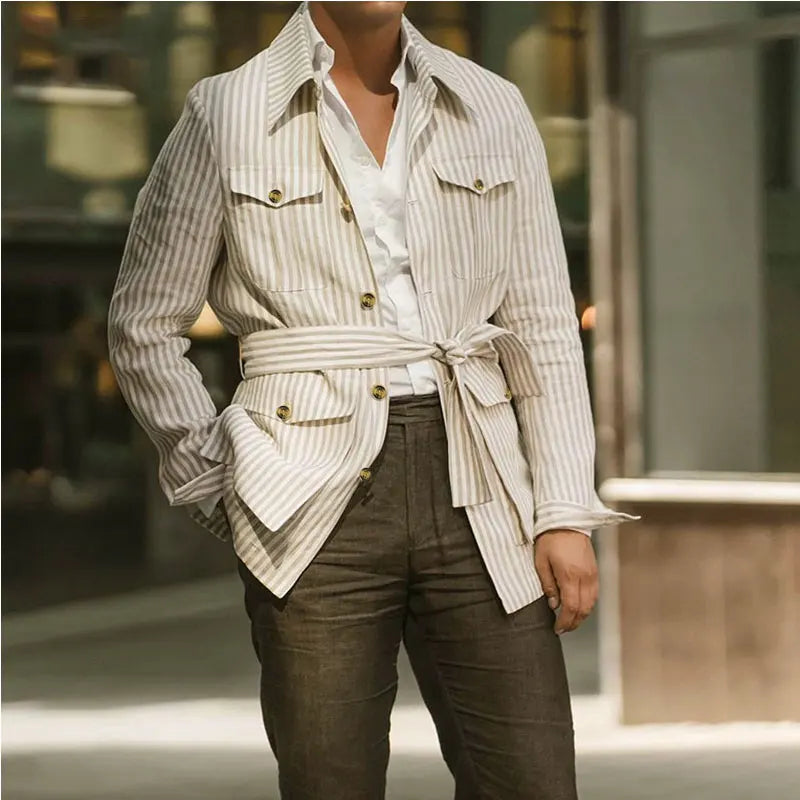 Men's Light Luxury Long Sleeve Striped Belted Shirts Casual Streetwear Button-down Pocket Shirt S-5XL 2025 New Spring Clothing
